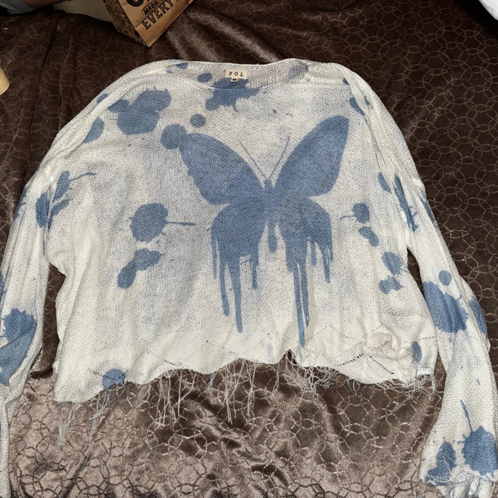 Women's Cream and Blue Butterfly shirt